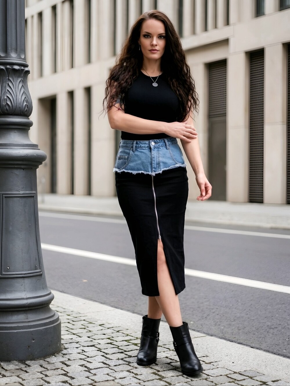 Fashion Nova ✦ Have It Both Ways Contrast Midi Skirt ✦ Black/Denim High‑Waist S
